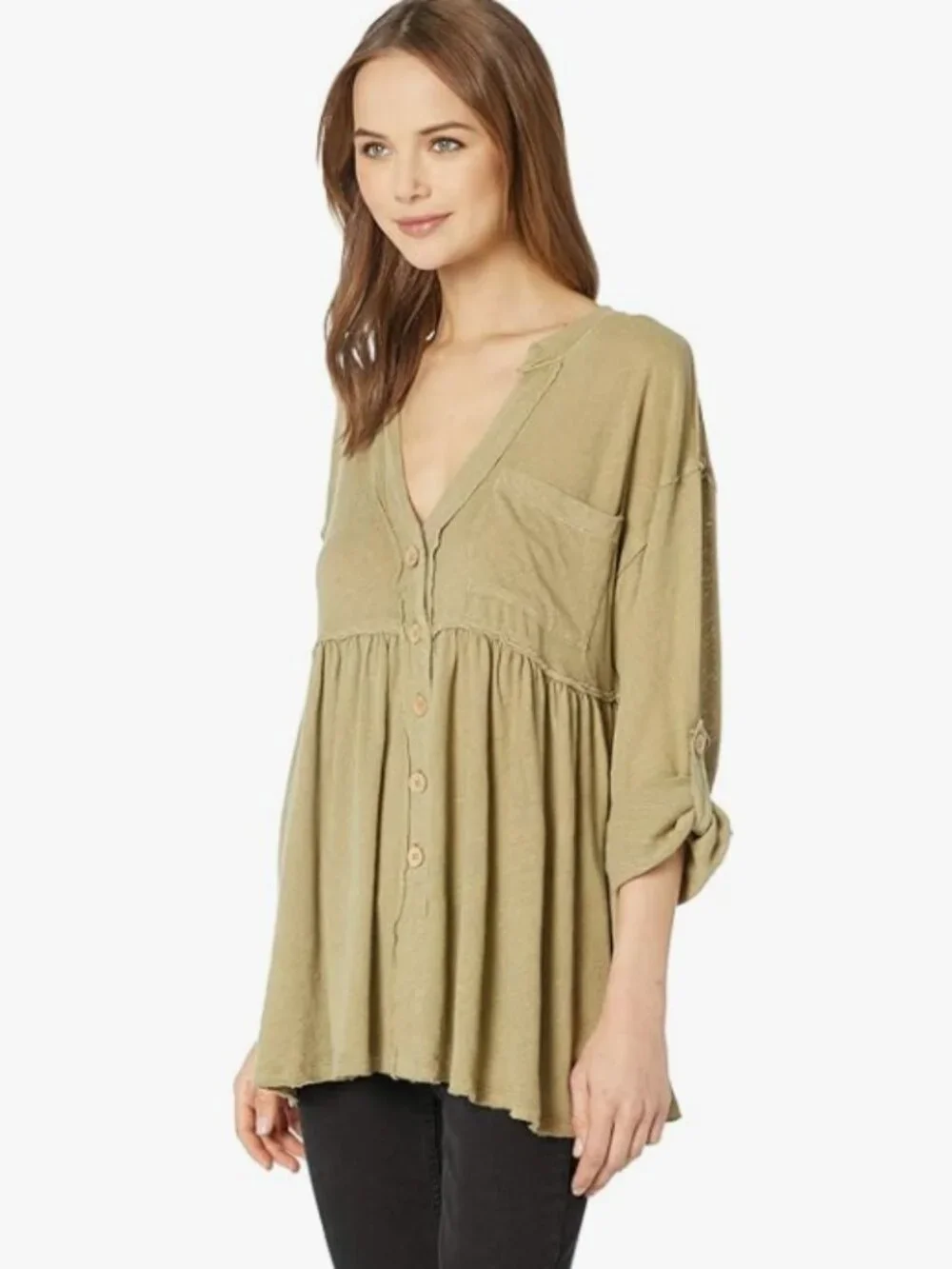 WE THE FREE I Flowy Long Sleeve Spring Green Button-Front JOLIN Peplum Top, S